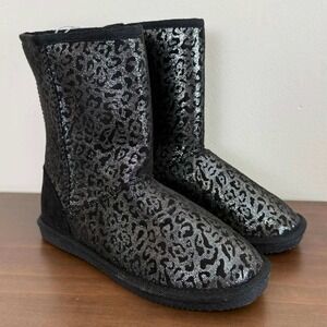 Harper Canyon Girls Leopard Glitter Black Boots Size 2 Faux Shearling